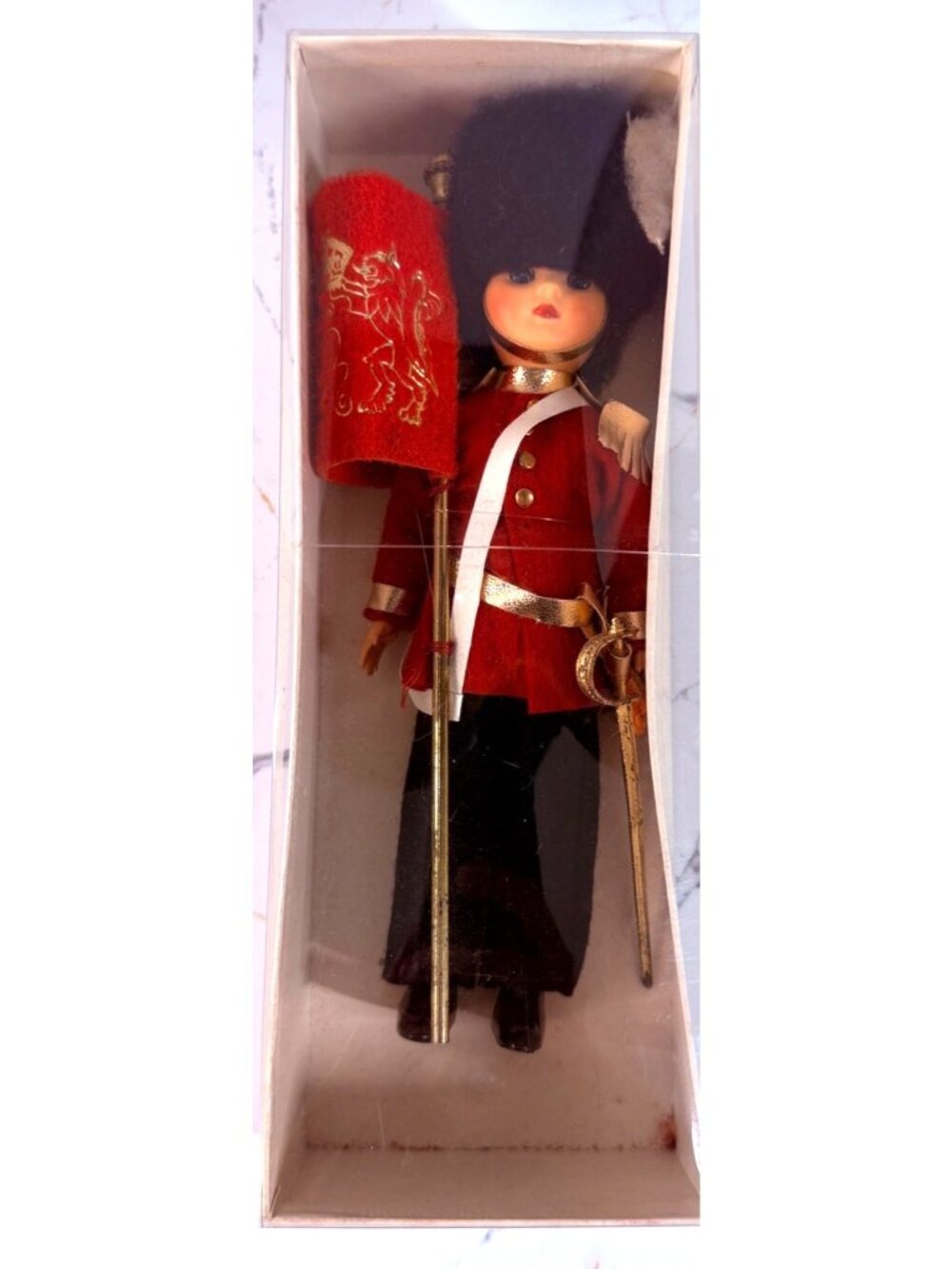 Vintage Royal Guard Doll In Box - Red Uniform Gold Accents Black Hat Sword & Fla